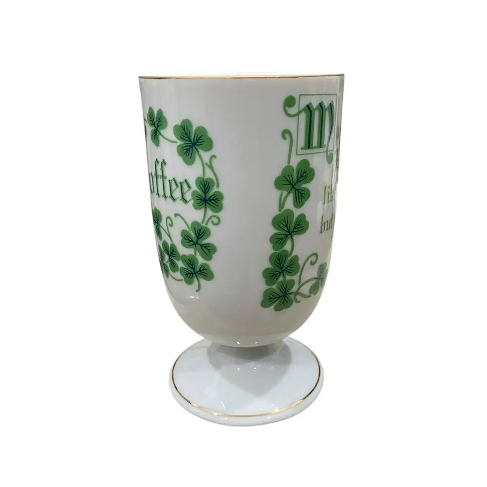 Funny 1970s Shamrock Irish Coffee Mug Lucky Clover White Porcelain Cup Gold Trim